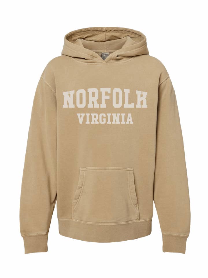 Youth Midweight Pigment-Dyed Hooded Sweatshirt / Sandstone / Norfolk Virginia for wholesale by Salt & Sand