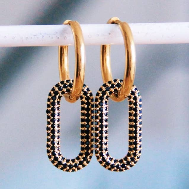 Oval crystal pendant earring - black for wholesale by Bazou