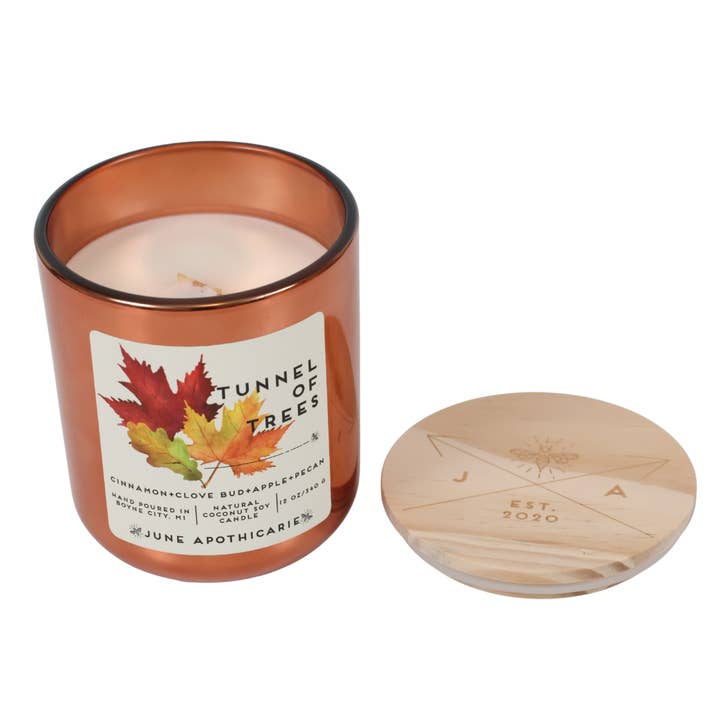 Tunnel of Trees 12 oz Copper Glass Wooden Wick Candle for wholesale by June Apothicarie