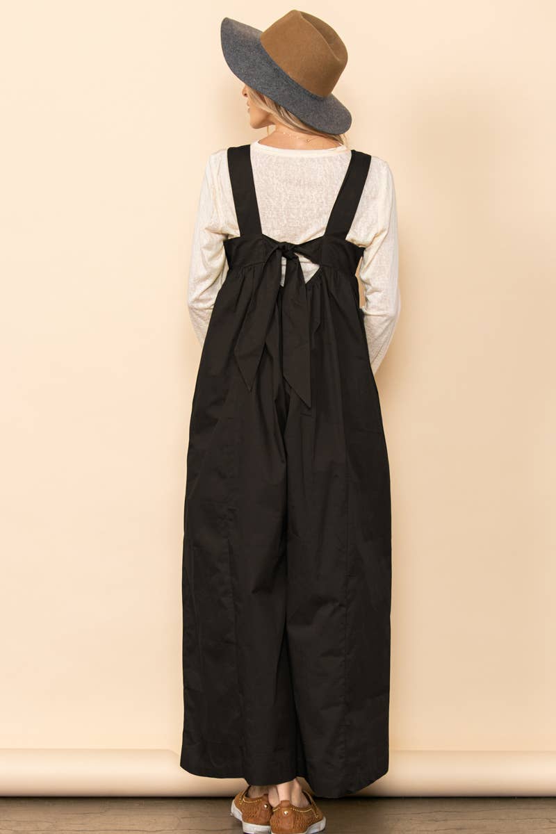 Black Back Tie One Piece Poplin Wide Leg Jumpsuit with Pockets for wholesale on Faire3
