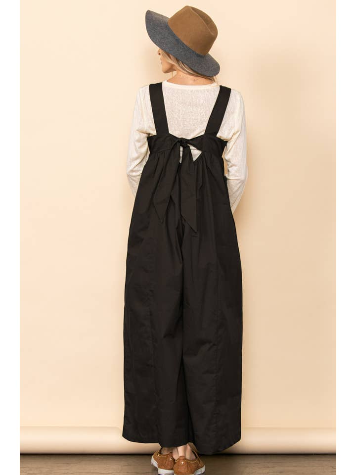 Black Back Tie One Piece Poplin Wide Leg Jumpsuit with Pockets for wholesale on Faire3