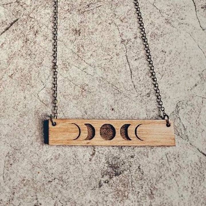 Bohemian Moon Phases Wood Bar Necklace Minimalist for wholesale by Red Shed Designs