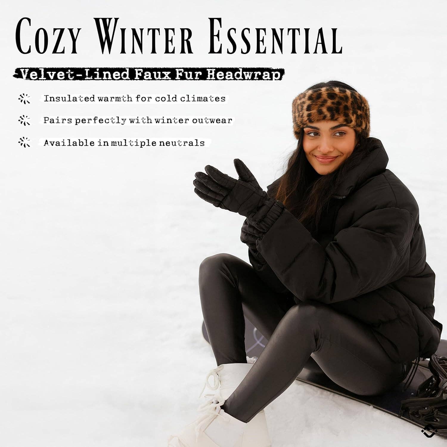 Funky Junque – wholesale Fashion headband – women's – Faux Fur Lined Winter Headband - Leopard - Latte1