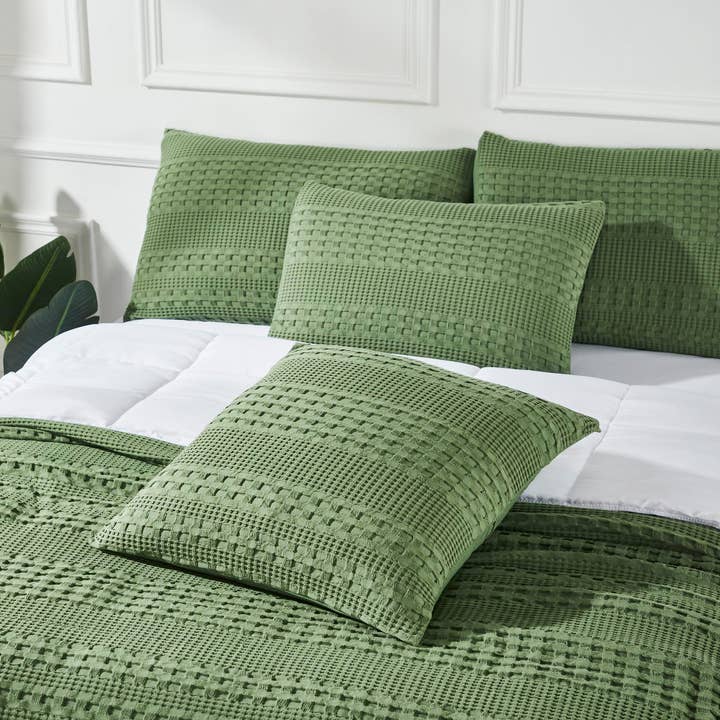 VHC Brands - Wholesale Throw Pillow Cover - Waffle Weave Olive Green Pillow Cover Set of 2 24Lx24W