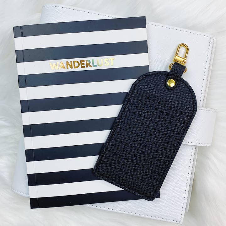 Black Saffiano Flair Luggage Tag | Add your Enamel Pins with NO Damage! | Gold Hardware for wholesale by The HoneyBShop