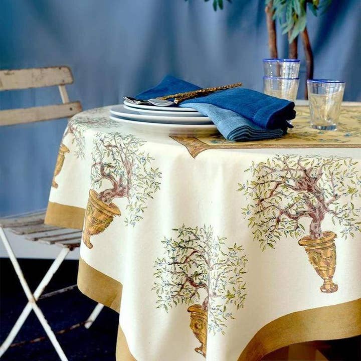 Couleur Nature - Wholesale Tablecloth - Olive Tree Khaki & Blue | French Tablecloths