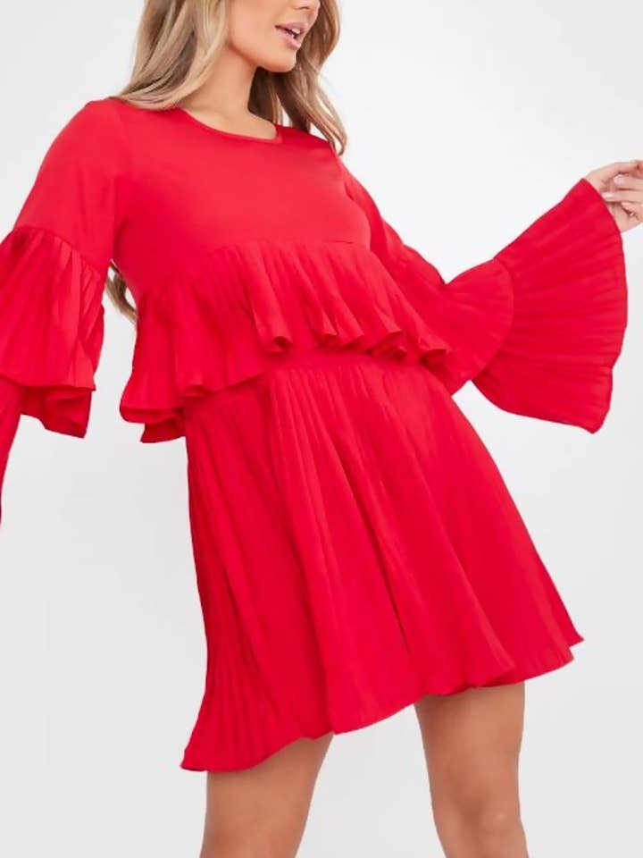 RED PLEATED LONG-SLEEVE SMOCK DRESS for wholesale by J5FASHION