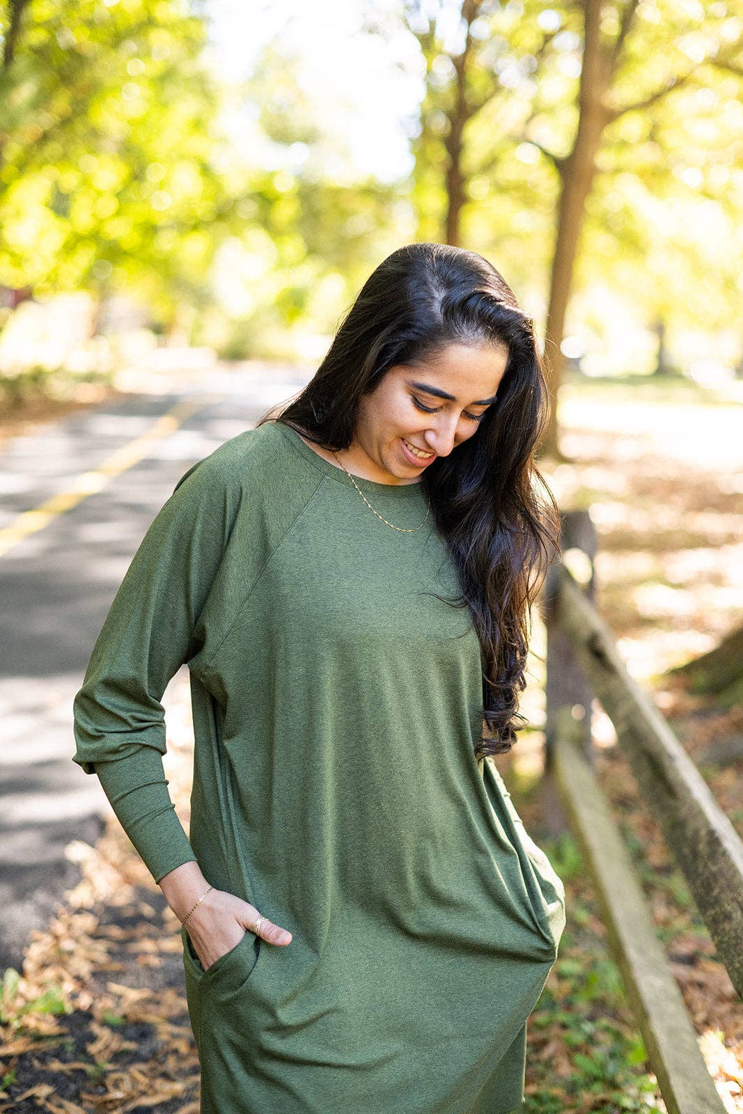 Knieriem Designs - Wholesale Dress - Women's - Green Rayon Jersey Long Sleeve Dress with Pockets2