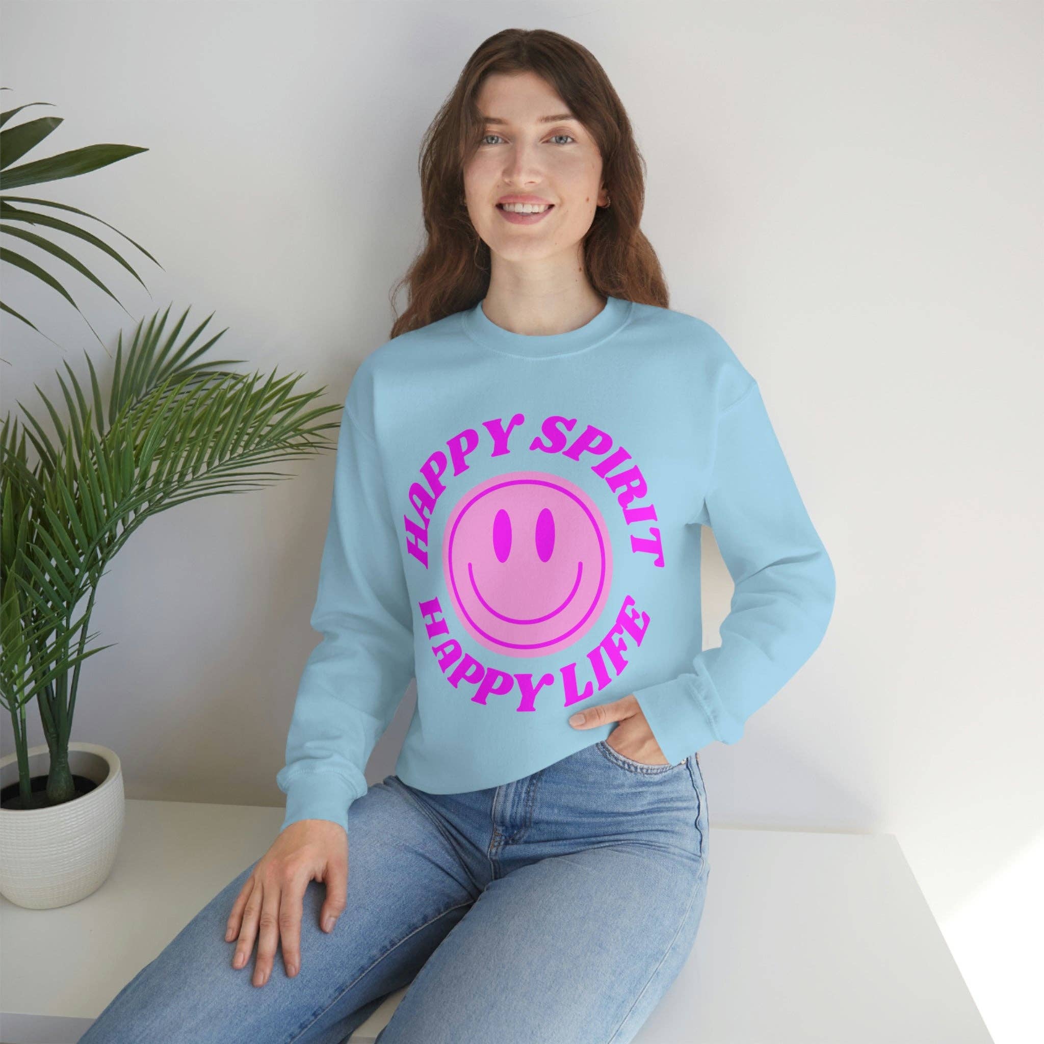Happy Life Stuff - Wholesale Graphic Sweatshirt - Women's - Happy Spirit Happy Life Sweatshirt, VSCO Girl Crewneck, Oversized Retro Font Graphic Tumblr, Front Print Smile Face Trendy Cover Up19