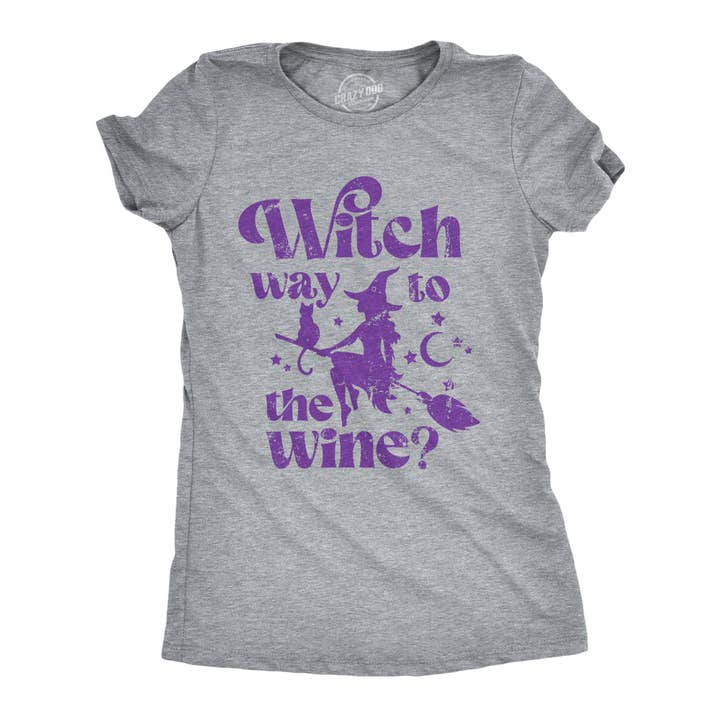 Witch Way To The Wine Women's Tshirt Halloween Graphic Tee for wholesale by Crazy Dog T-Shirts