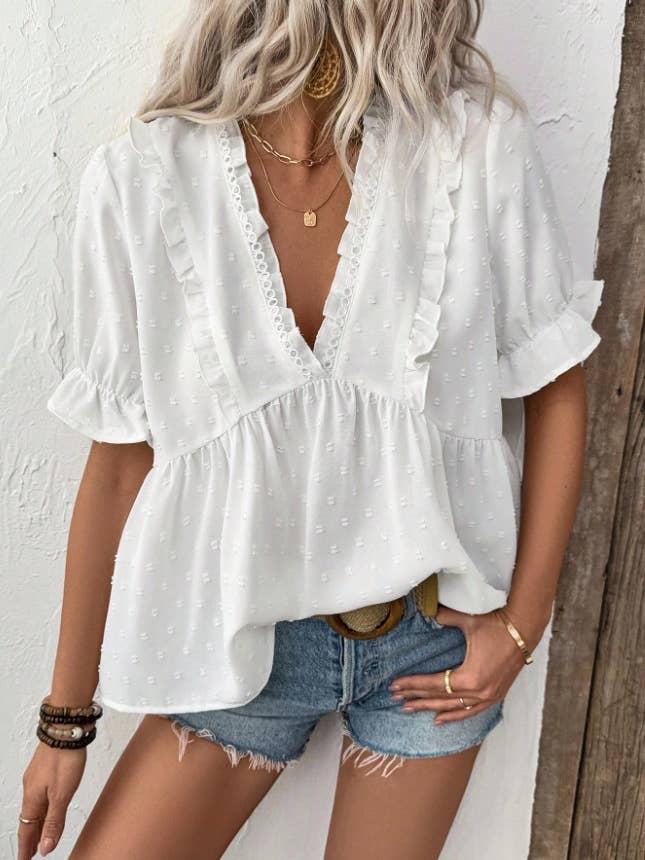 Lily Clothing - Wholesale Blouse - Women's - V-neck casual ruffled short-sleeved T-shirt5