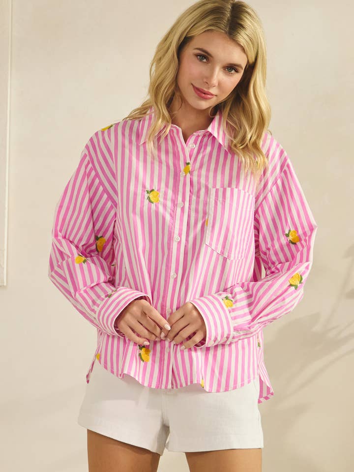 LEMON EMBROIDERY BUTTON DOWN BLOUSE for wholesale by Star Drop