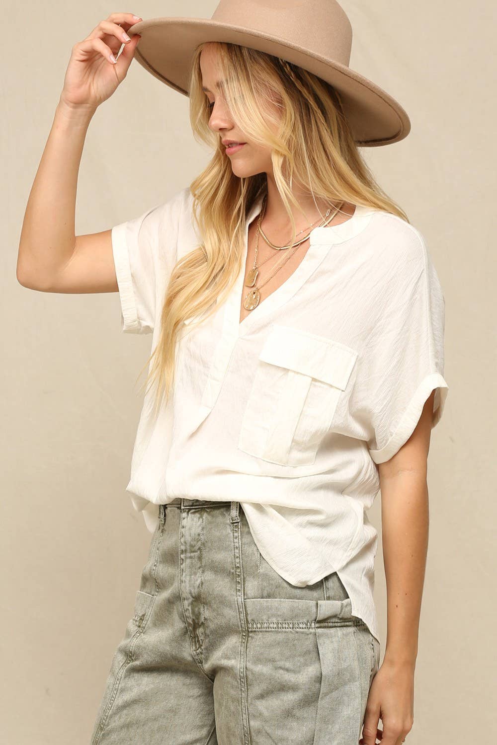 Off White Silk V-Neck Top Wite Rolled Cap Sleeves for wholesale on Faire5