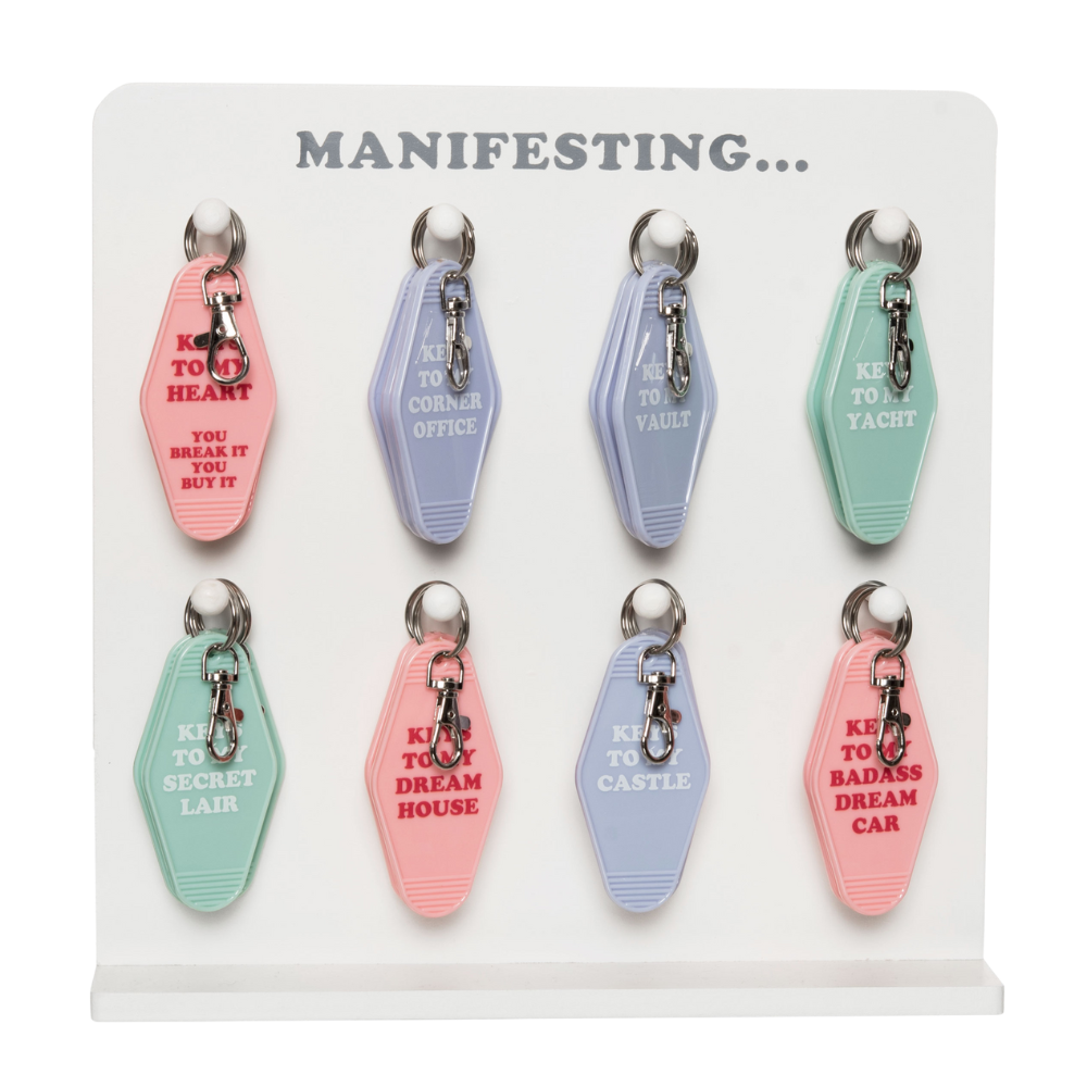 Multi color Manifesting Motel Keychains S/24 for wholesale on Faire0