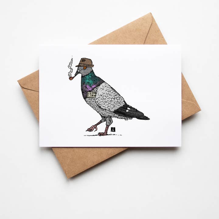 5x7 Gratulationskort med New York City-duva som går till jobbet för wholesale av Bellavance Ink