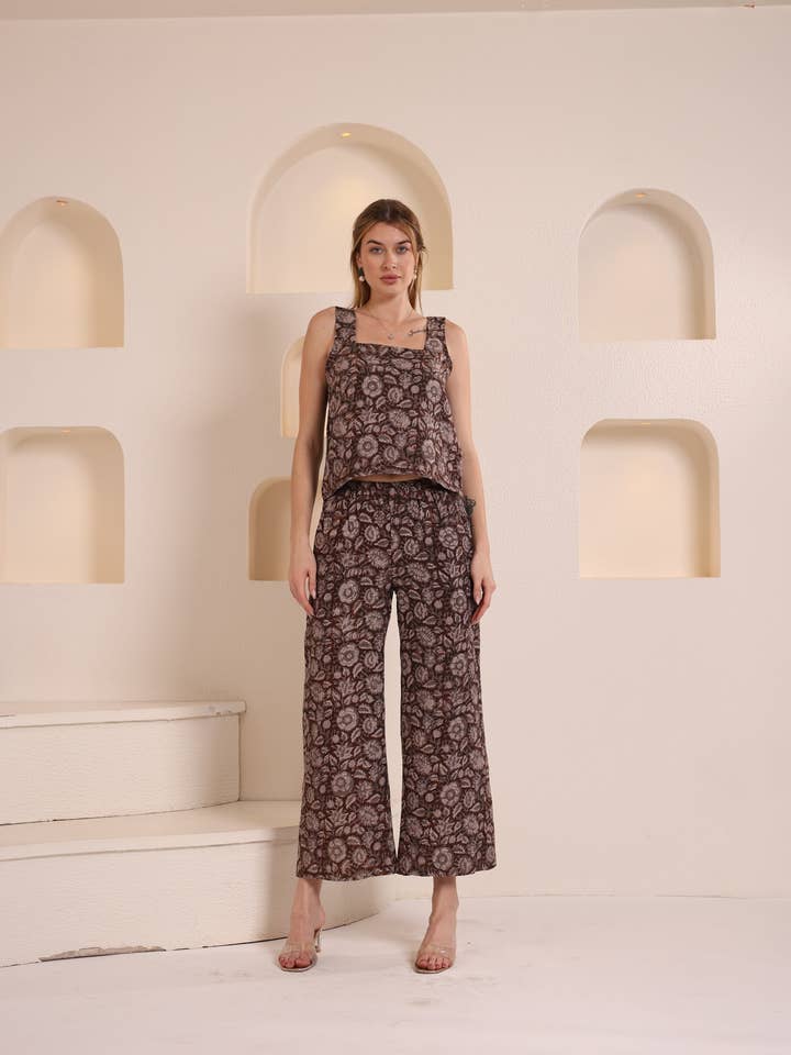 Linen Dark Brown Color Co-ord Set for Women - Sleeveless Top & Cropped Pants for wholesale by Fabthread