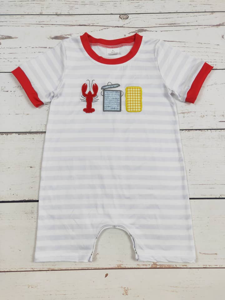 Boy Stripe Crawfish Appliqué Romper for wholesale by sassy kids palace