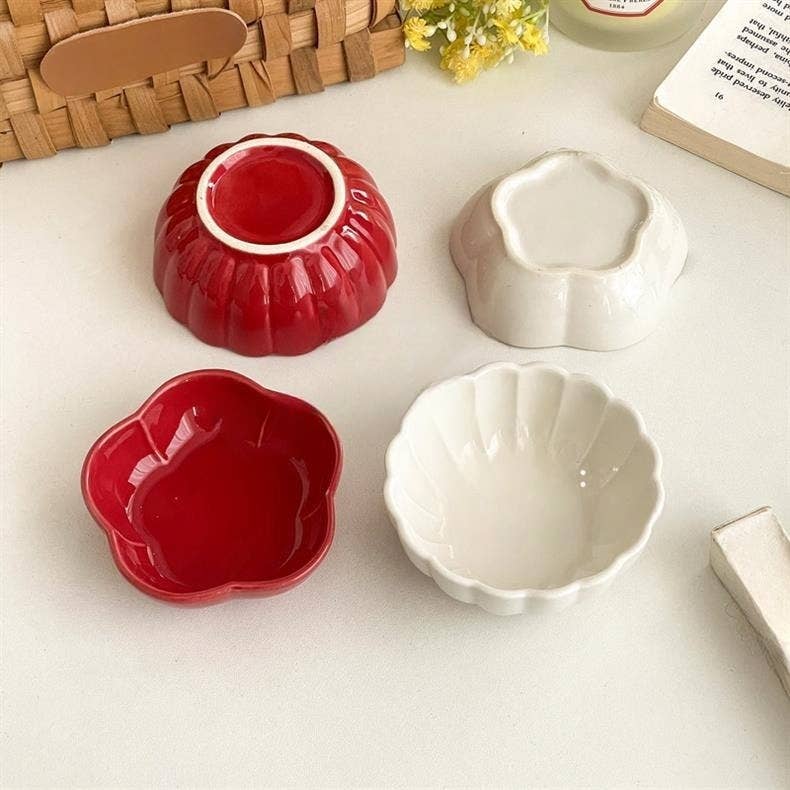 Otterware - Wholesale Condiment/Dip Bowl - Elegant Petal Ceramic Dipping Dishes (Red & White)3