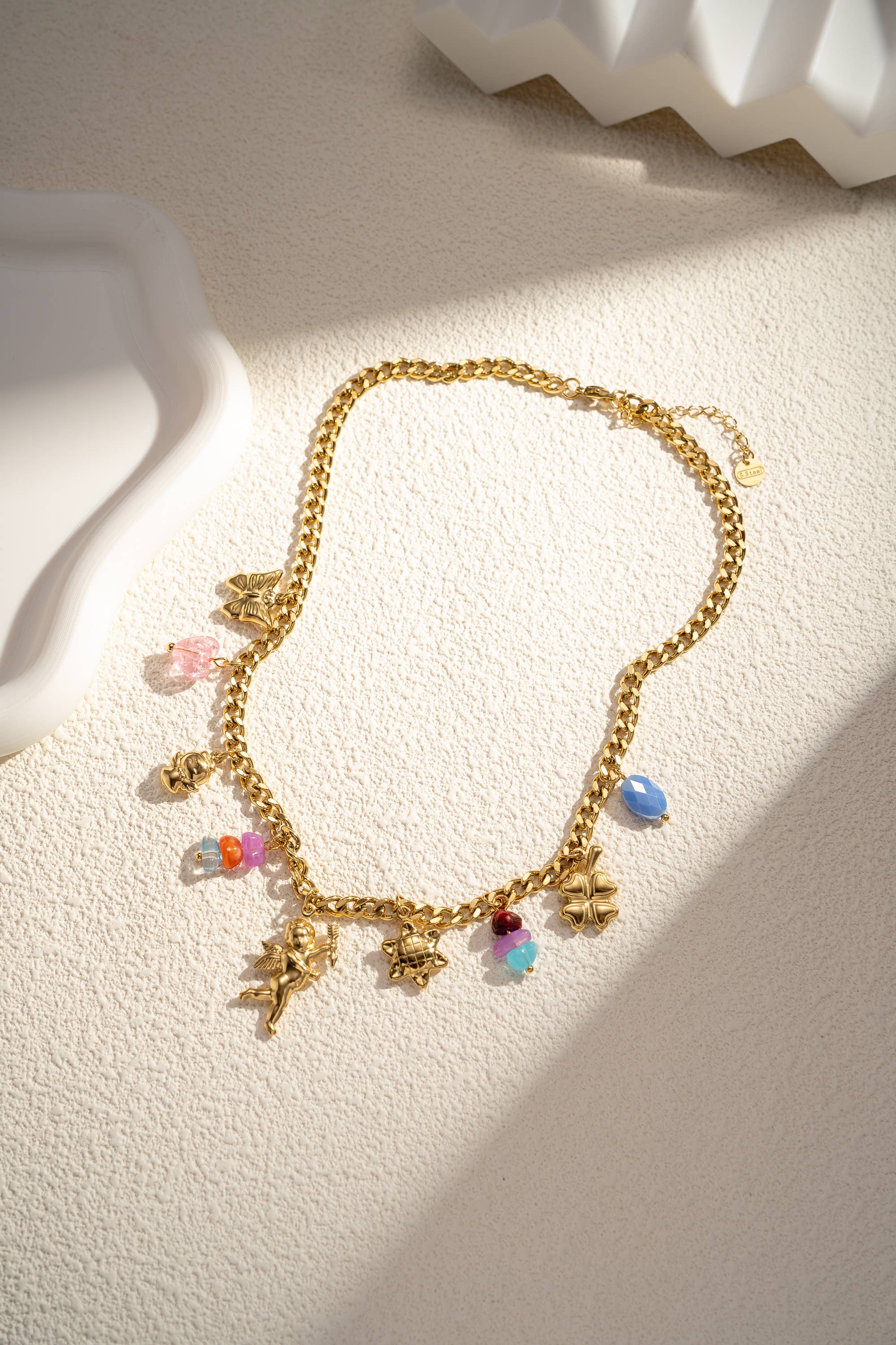 COSMOS - Wholesale Pendant/Charm Necklace - Gold stainless steel charm necklace Angel butterfly sun1