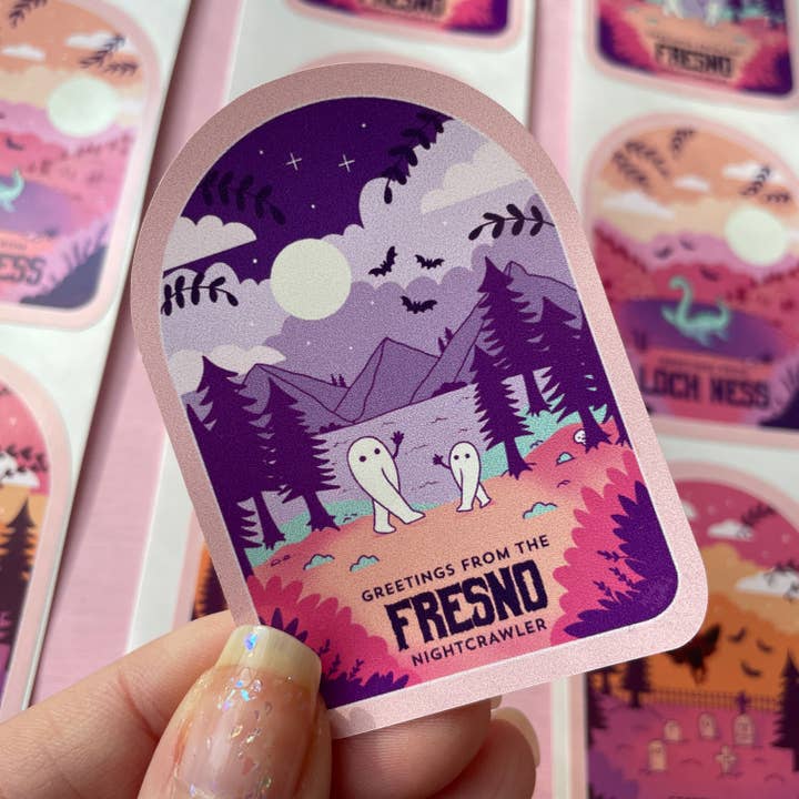 Fresno Nightcrawler Cryptid Travel Poster Spooky Vinyl Sticker for wholesale by Wendy Stephens Art