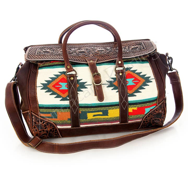 LS Western - Wholesale Weekender Bag - Women's - LC-ADBG643 Tooled Leather & Saddle Blanket Duffel Bag Western Travel Weekender by American Darling1