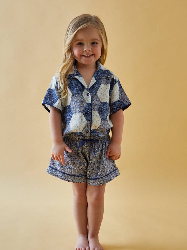 Keira Short Sleeve Aster Patchwork Print Pyjama Set In Blue for wholesale by Lily and Lionel