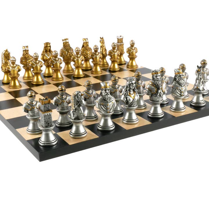 Chess Set - Camelot Gold/Silver on Black/Maple Board for wholesale by WorldWise Imports