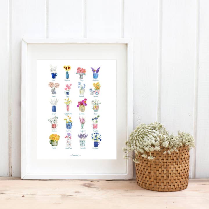 Stampa artistica da parete con fiori estivi, motivo botanico, formato A3 per la vendita all'ingrosso da parte di Sara Sayer