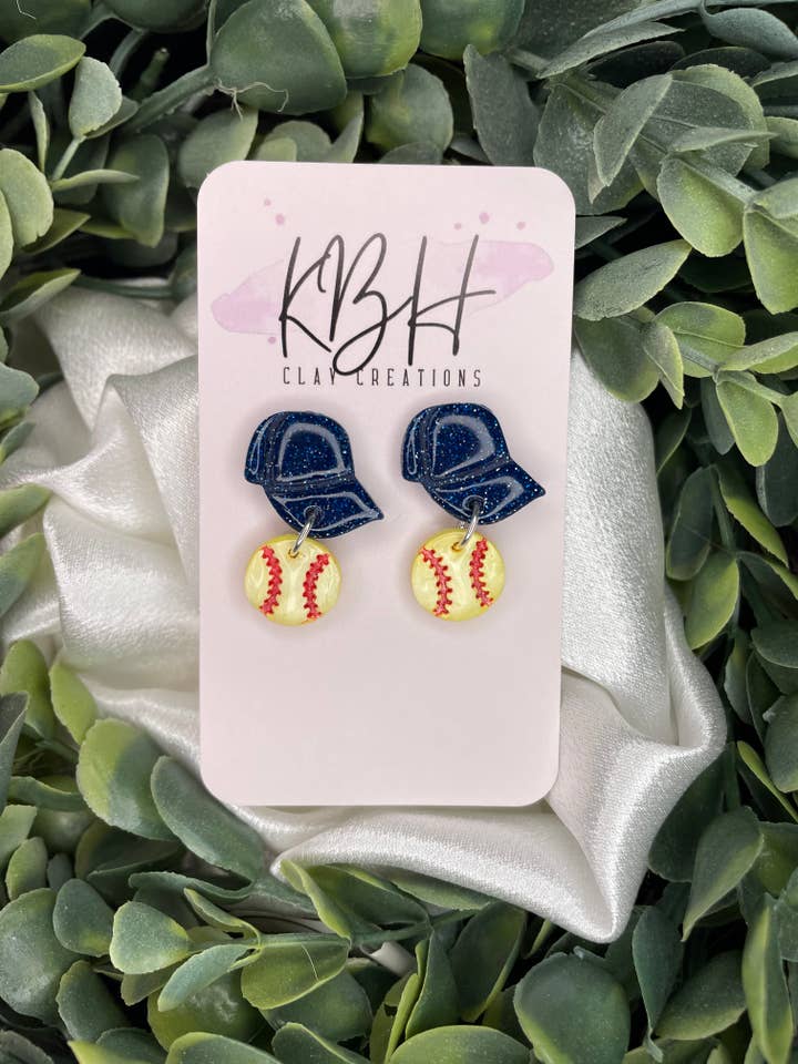 Softball/Baseball Hat Dangle Handmade Clay Earrings for wholesale by KBH CREATIONS