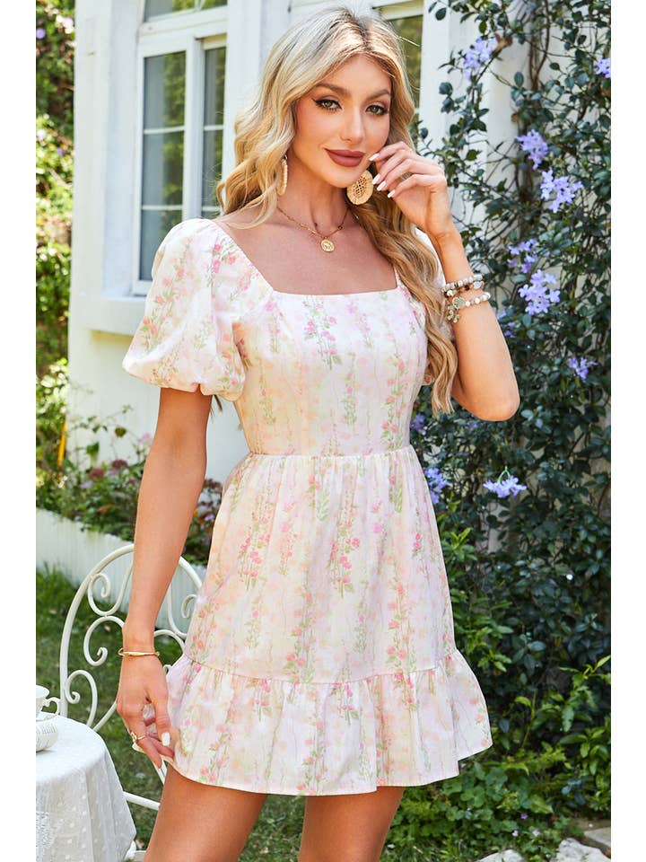 Pink Floral Puff Sleeve Square Neck Knot Open Back Mini Dress for wholesale on Faire