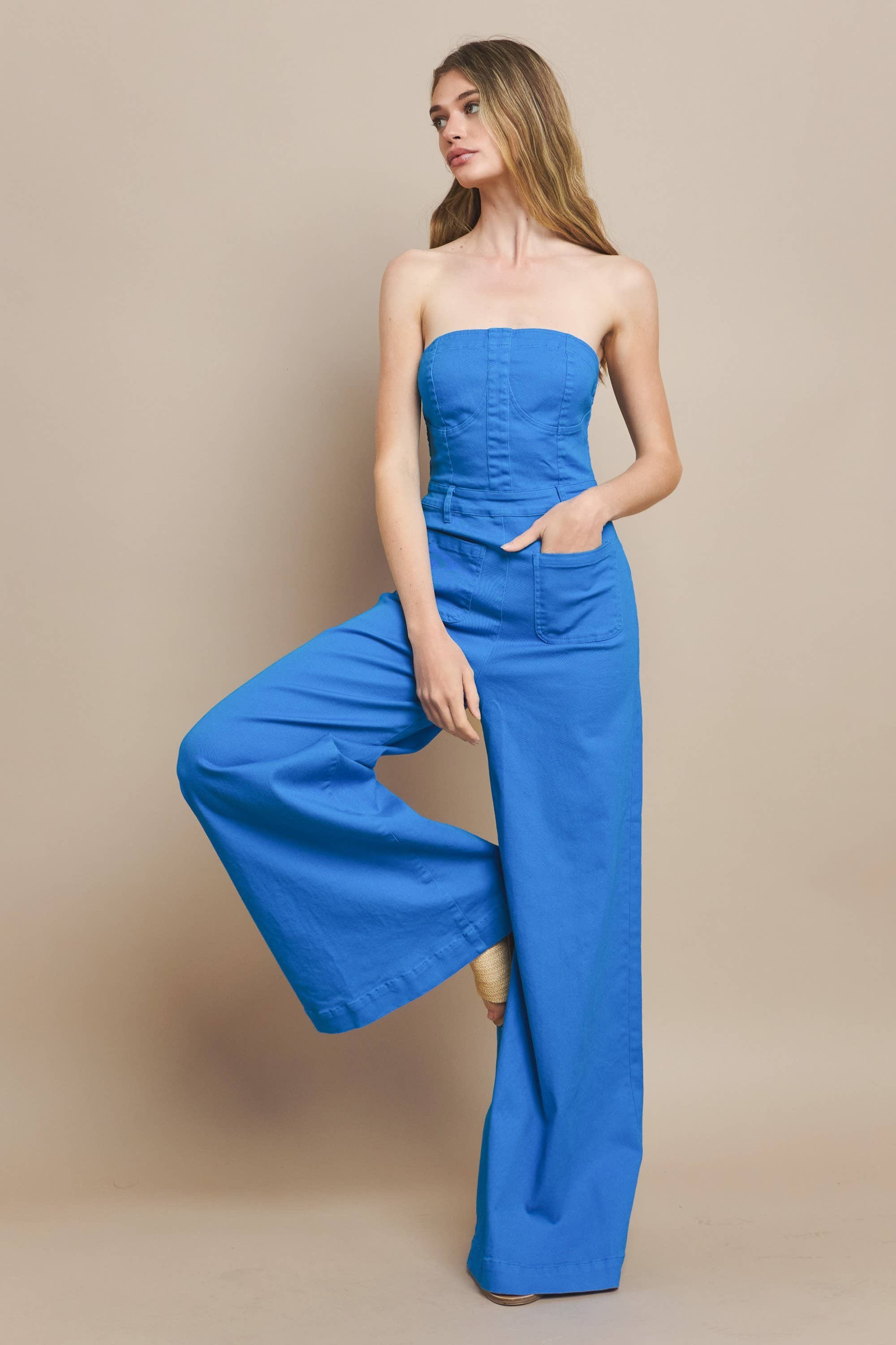 WISTERIA LANE – Engroshandel Jumpsuit - Dame – Off-shoulder jumpsuit med vidde ben i lime denim5