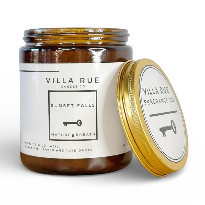 Sunset Falls - 8oz Soy Coconut Candle Amber Jar for wholesale by Villa Rue Fragrance Company