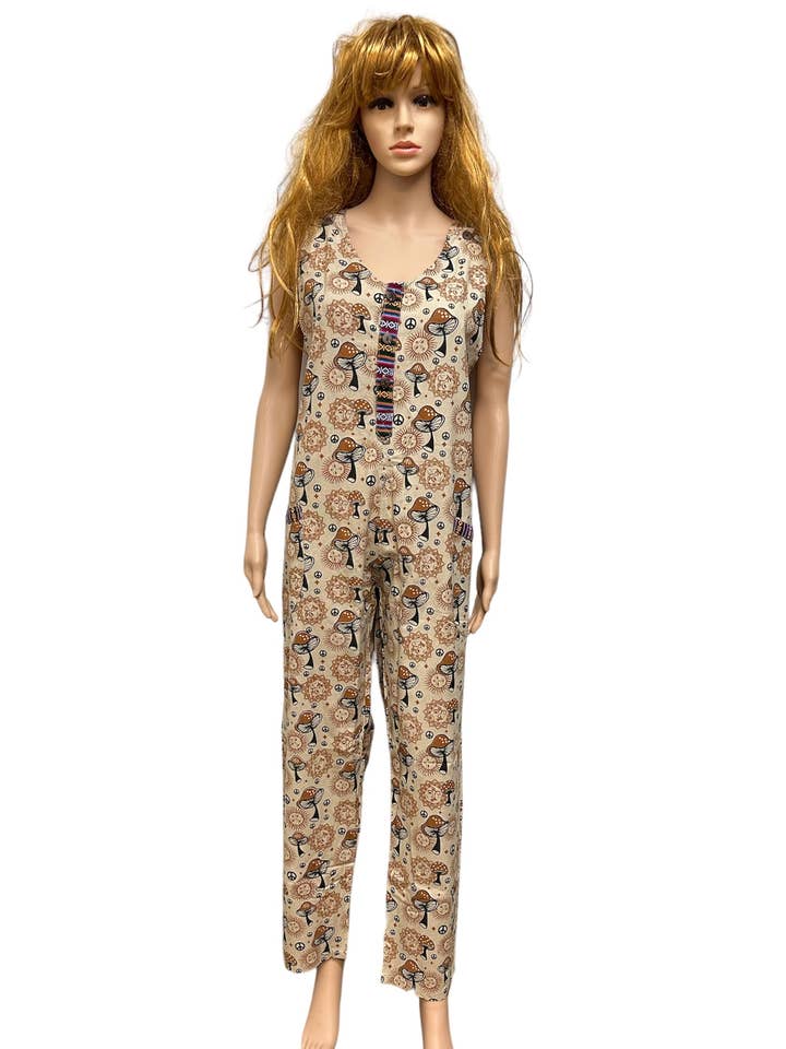 Cotton Color Trim Casual Sun Moon Mushroom Jumpsuit D474 for wholesale by Rising International Inc