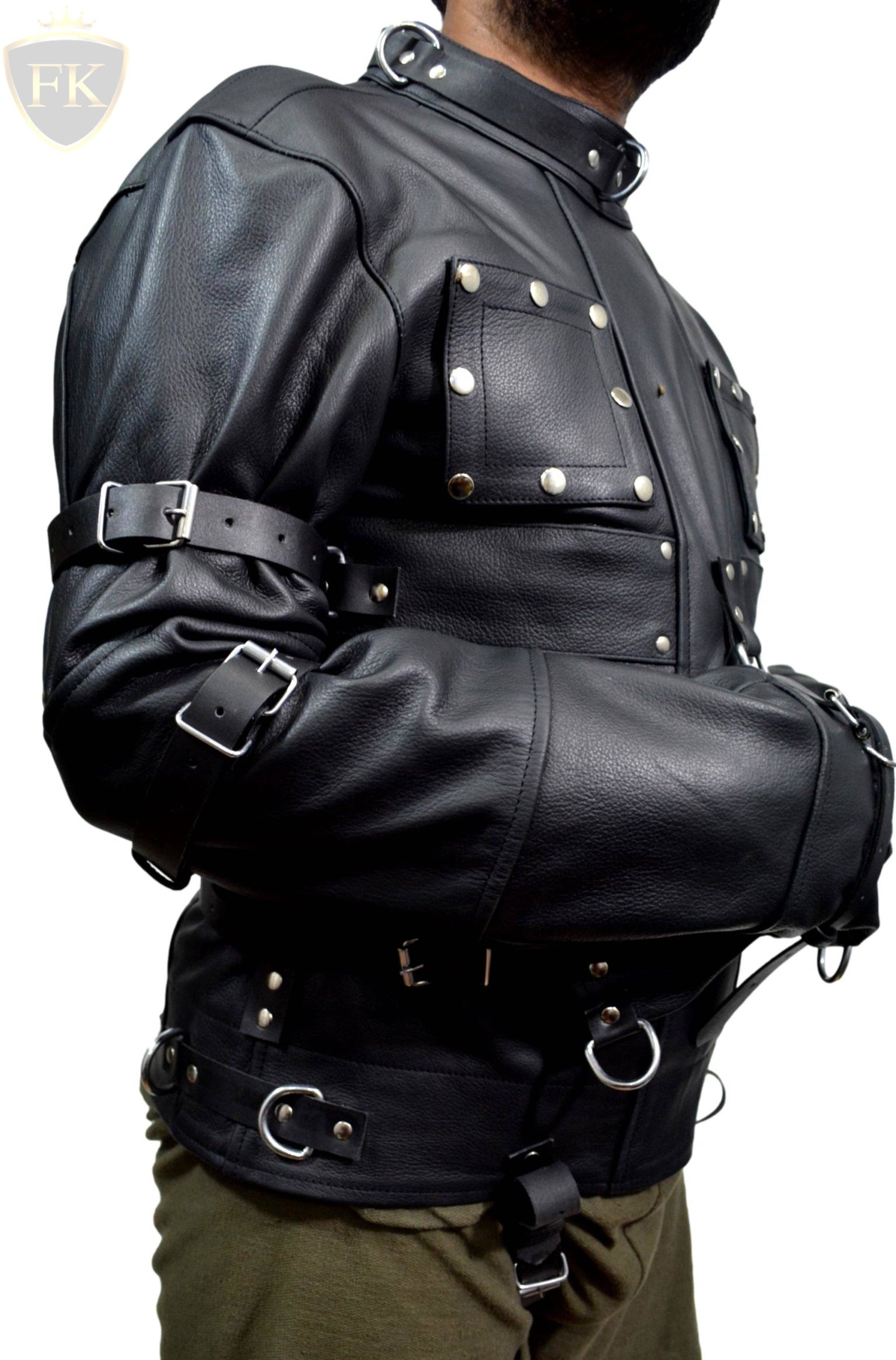 Meninleather – wholesale Leather jacket – Men′s – Men Leather Straitjacket Straight jacket with Locking Buckles Belts8