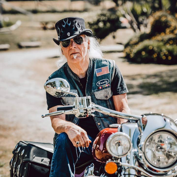 Biker Leather Top Hat with Skull Hat Band - Style Flames for wholesale by American Hat Makers