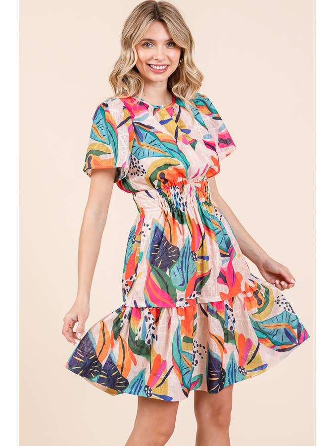 FUCHSIA COMBO SS NEW - Abstract Print Mid Smock Short Sleeve Dress for wholesale on Faire