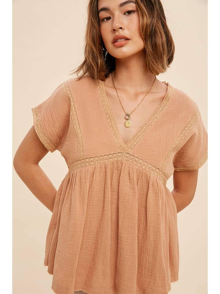 In Loom - Wholesale Blouse - Women's - COTTON MUSLIN LACE ACCENT V NECK BLOUSE