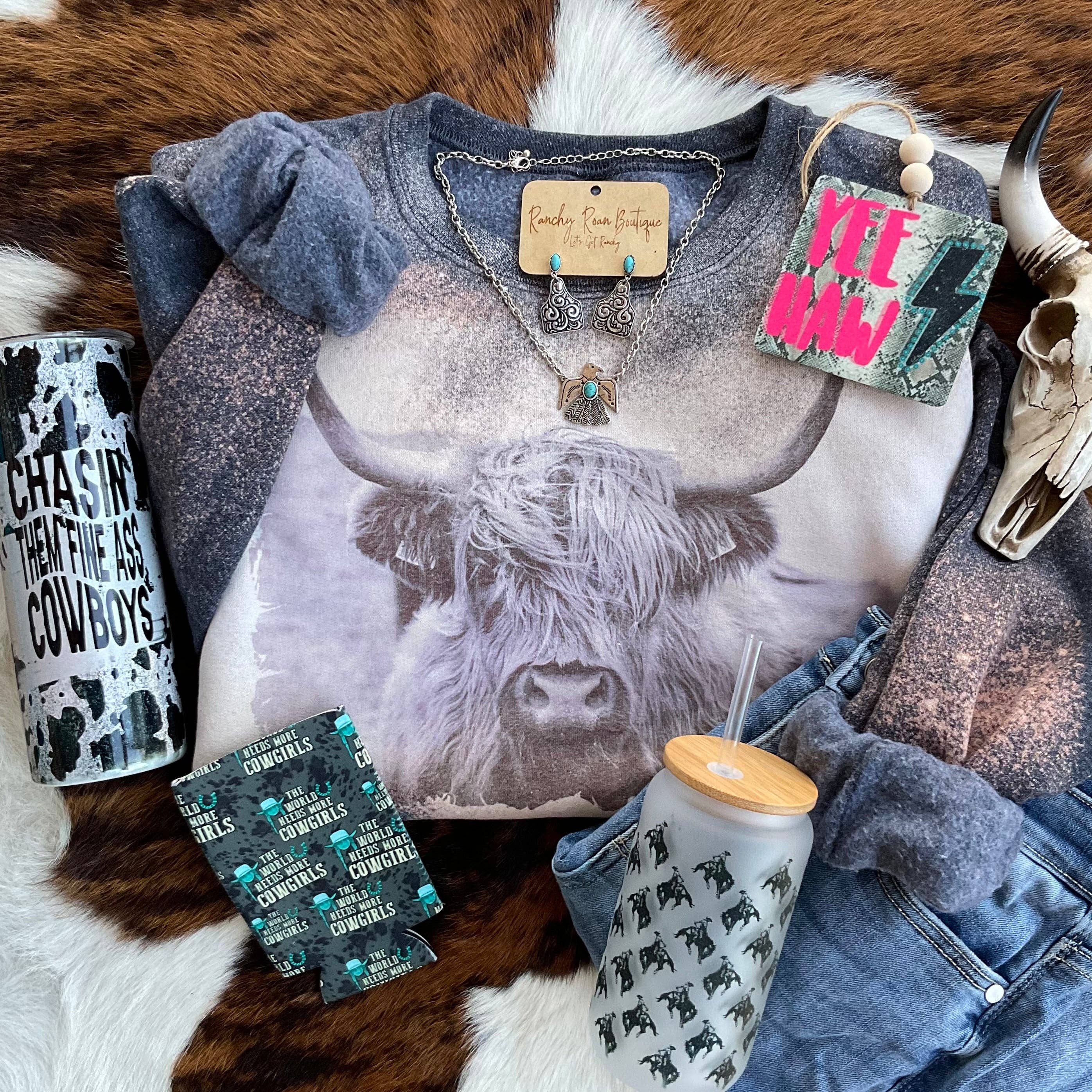 Ranchy Roan Boutique - Wholesale Graphic Sweatshirt - Women's - Highland Cow Western Distressed Sweatshirt1