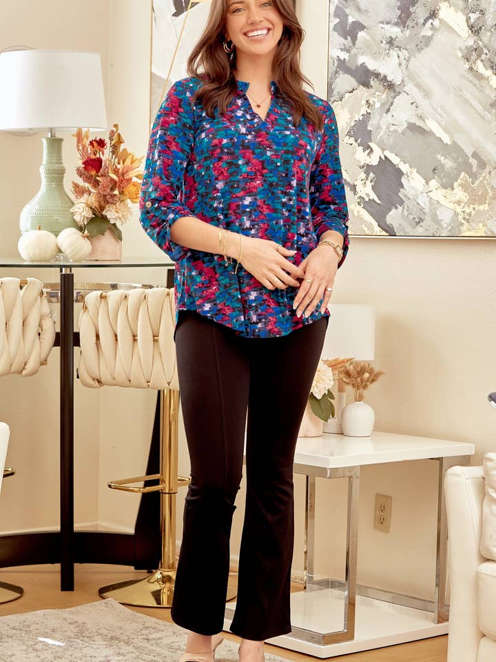 NAVY MULTI 3/4 Sleeve Wrinkle Free Top LIZZY-V0179 for wholesale on Faire