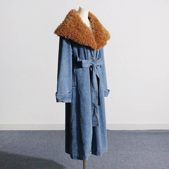 BLUE Detachable Collar Long Denim Style Coat for wholesale on Faire2