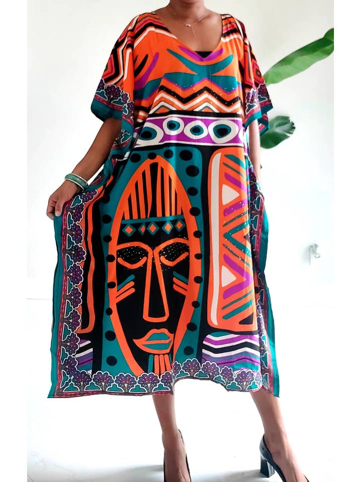 India Batik - Wholesale Kaftan - Women's - Afro Print Middi Kaftan Dress