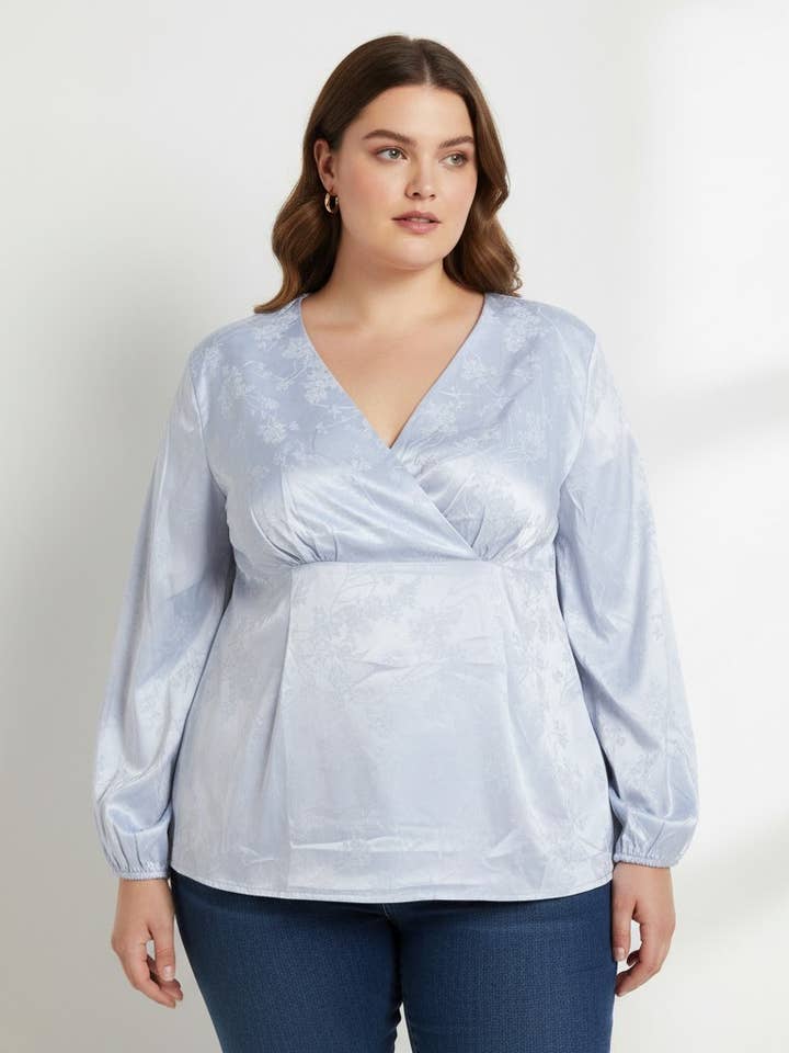 Floral print wrap blouse in gray (C6244) for wholesale by Pomme Rouge Paris