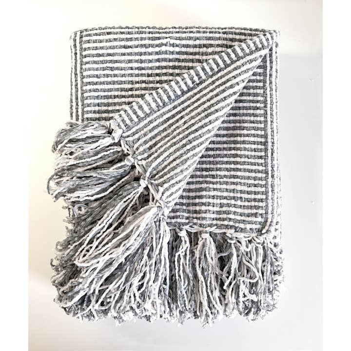 Fennco Styles - Wholesale Throw Blanket - Grey Chenille Woven Striped 50"x60" Throw Blanket