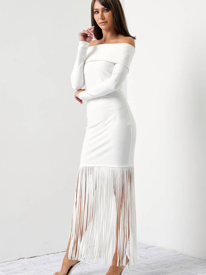 RIVIR - Wholesale Dress - Women's - Knit Off Shoulder Long Sleeve Fringe Dress10