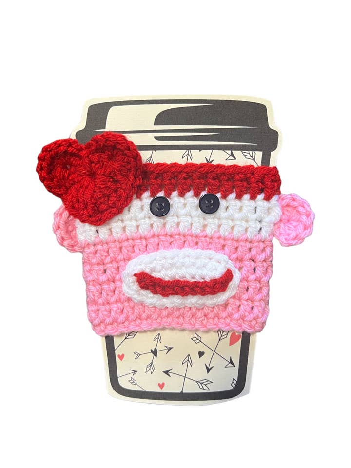 Valentine’s Day Sock Monkey Coffee Cup Cozy for wholesale by Stout Farmhouse