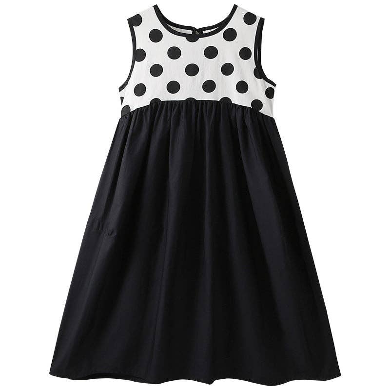 Schwarz Heiß verkaufendes Sommerkleid für Mädchen im modischen Stil mit Polka-Dots, ärmellos und mit farbigem Patchwork. für den Großhandel auf Faire0