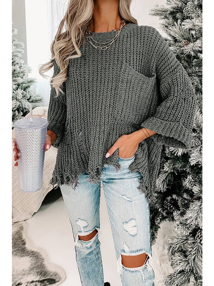 Gray Distressed Pocketed Chunky Pullover Sweater for wholesale on Faire