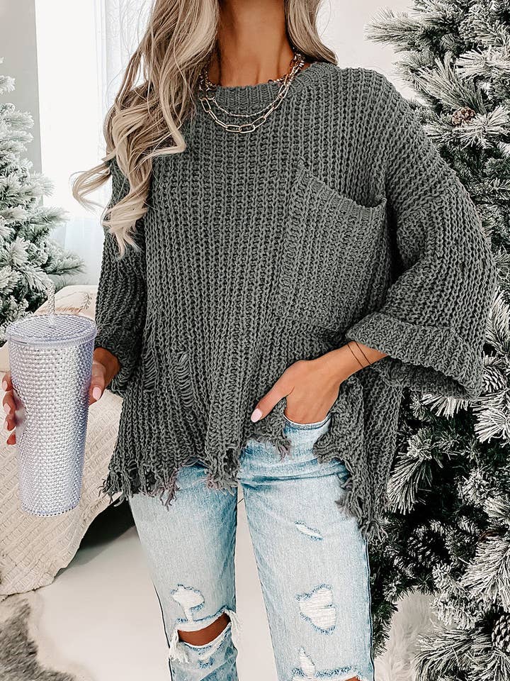 Threaded Pear – Großhandel Strickpullover – Damen – Alina Pullover-Pullover mit gerissenem Saum und grobem Saum6