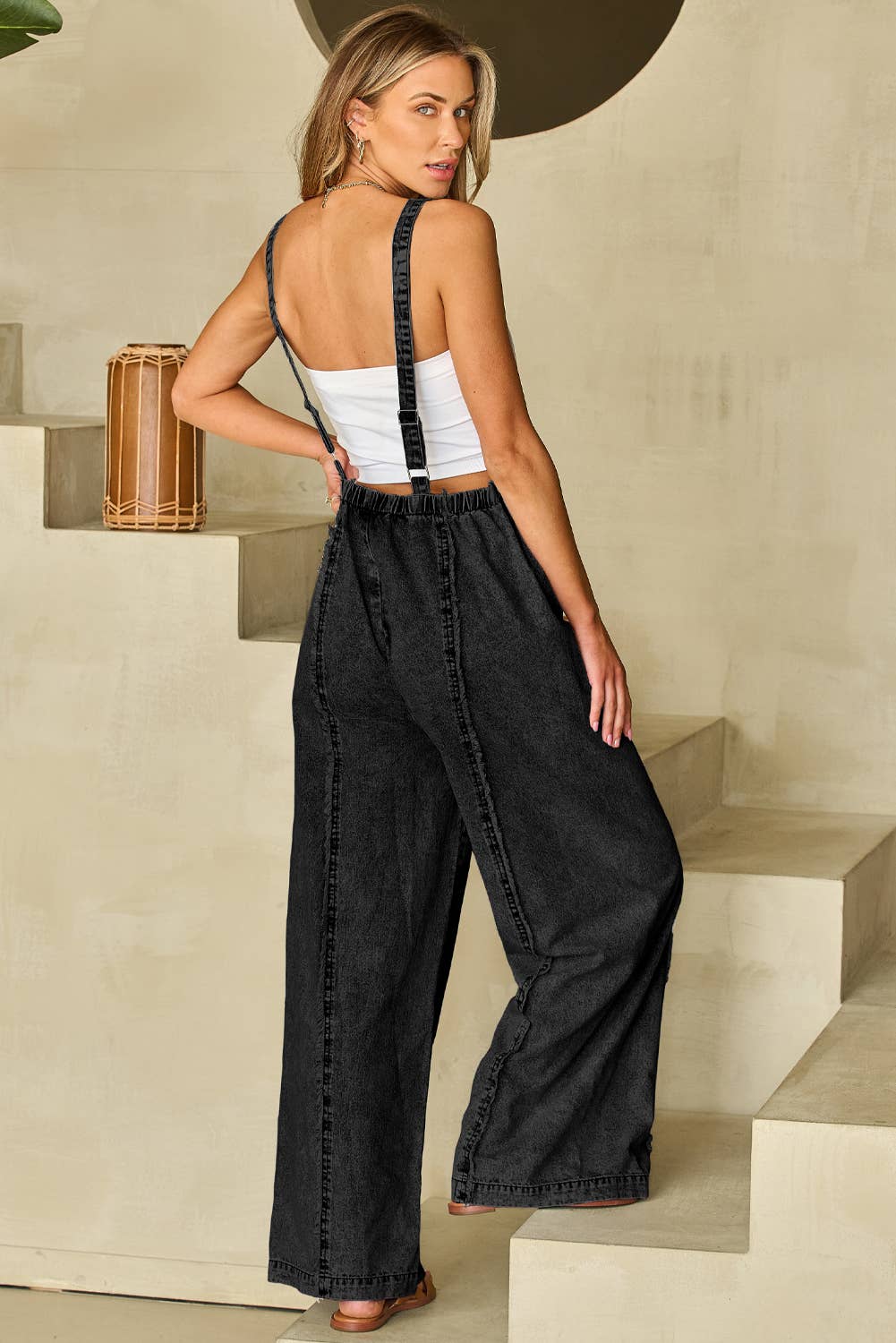 1 the Woman - Wholesale Overalls - Women's - Light Wash Frayed Exposed Seam Wide Leg Denim Overall4