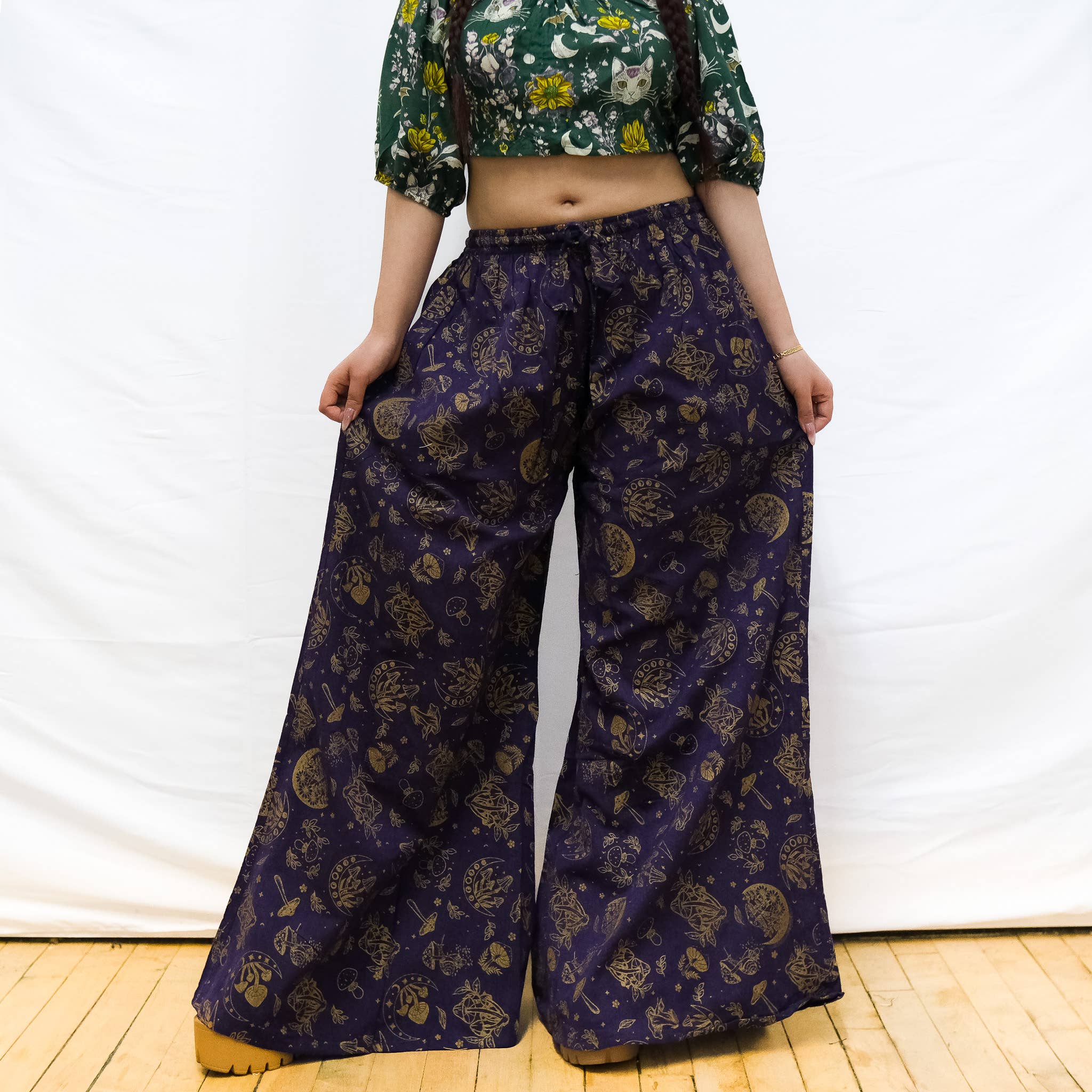 Karma Nepal Crafts - Wholesale Pants - Women's - Flowy Mushroom/Celestial Wide Leg Cotton Pants with Pockets9